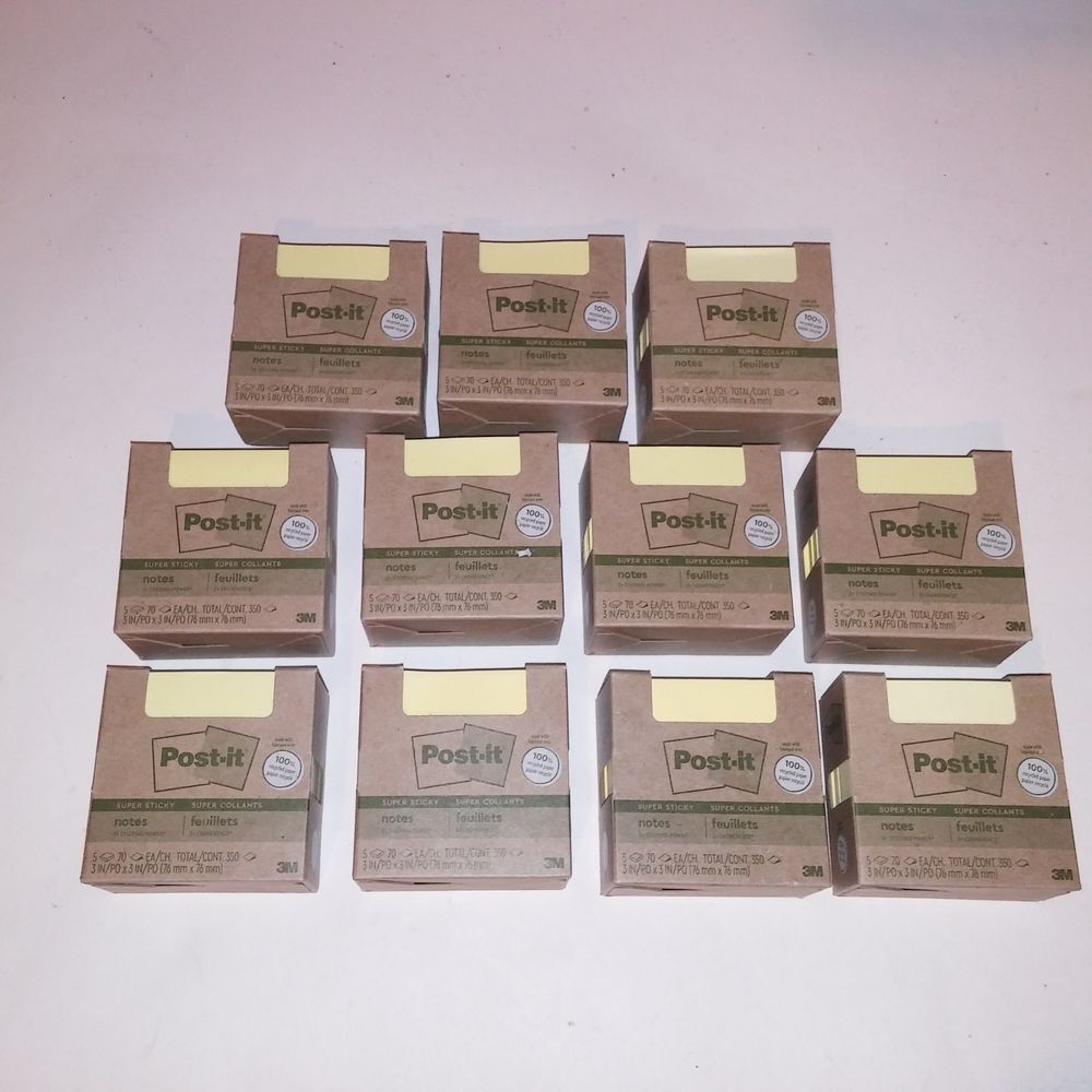 Set of 11 Post It Notes  3 X 3 Yellow Super Sticky 100% Recycled Paper Brand New